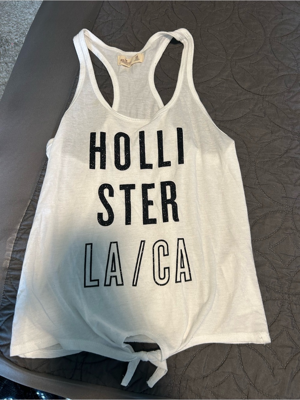Hollister White Racerback Tie-Hem Tank with Black Logo